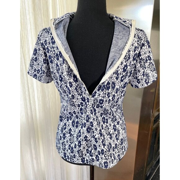 Vintage 70s top, crazy daisies, navy blue short sleeves shirt - Picture 7 of 9